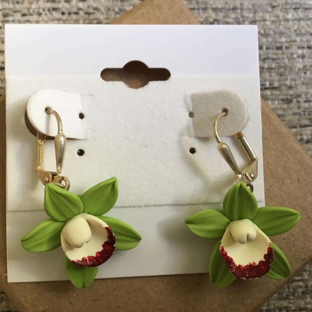 Earrings Orchid Green Cymbidium